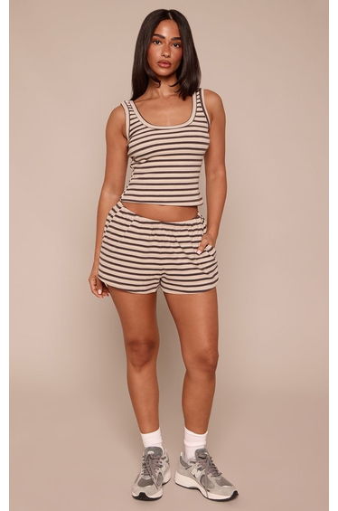 Petite Brown Striped Soft Fleece Scoop Tank Top