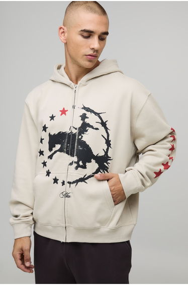 Stone Oversized Boxy Western Print Zip Through Hoodie - stone