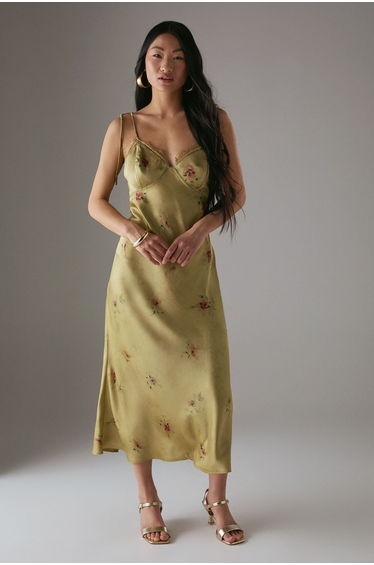 Petite Rose Satin Tie Strap Lace Detail Midi Slip Dress