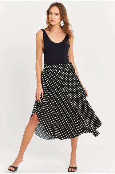 Women's Black-Ecru Asymmetrical Polka Dot Skirt