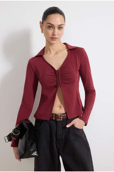 Burgundy Fitted Polo Neck Buttoned Drawstring Cotton Stretch Knit Blouse