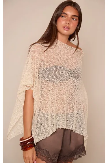 Beige Bobble Yarn Fine Knit Poncho Style Top