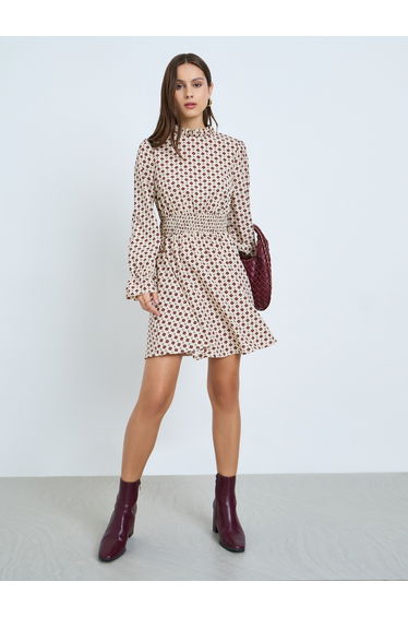 Beige All-Over Print A-Line Mini Dress
