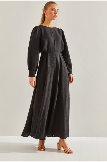 Modest Women's Kuşak Tie-Detail Long Hijab Dress