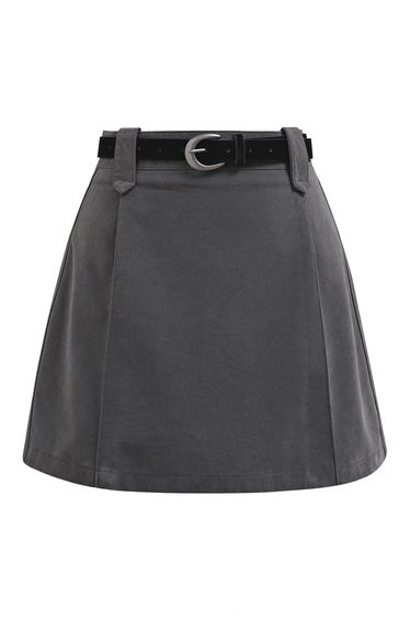 Time-Traveled Faux Suede Belted Mini Skirt in Smoke