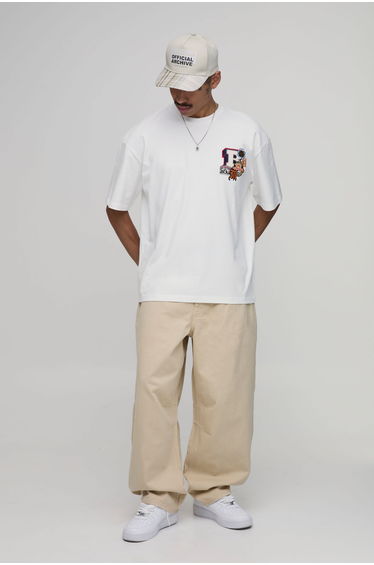 Balloon Fit Applique Patch Twill Trousers - ecru