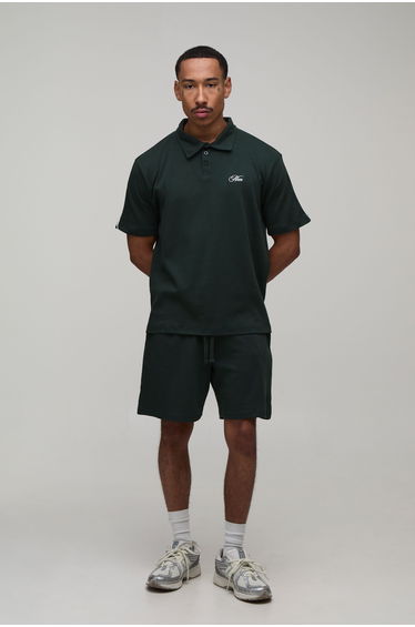 Oversized Boxy Contrast Piping Embroidered Short Sleeve Polo and Short Set - forest