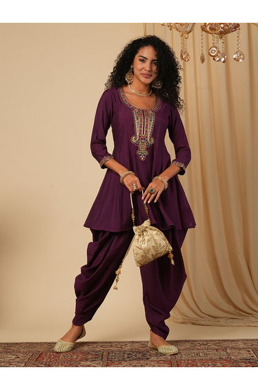 Embroidered Yoke A-Line Kurta and Dhoti Pants Set