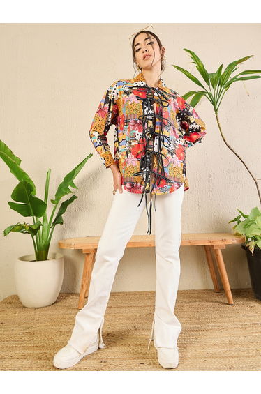 Multi All Over Print Front Tie-Up Longline Shirt