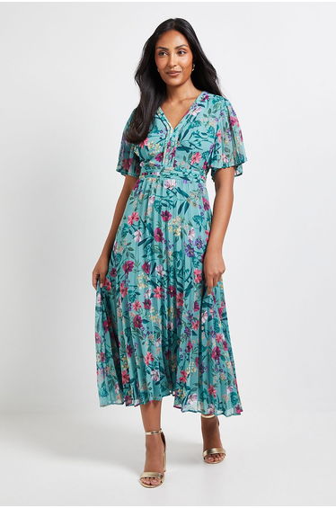 Petite Floral Chiffon Pleated Sleeve Midi Dress