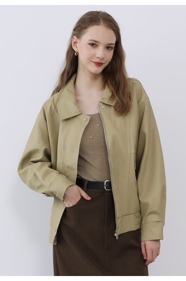 Fake Flap Pocket Faux Leather Jacket in Camel