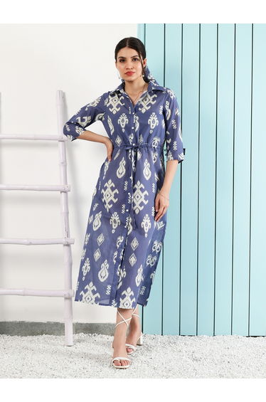 Blue Bohemian Printed Buttoned Midi Dress