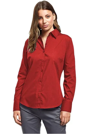 Premier Womens/Ladies Poplin Long Sleeve Blouse / Plain Work Shirt - Red