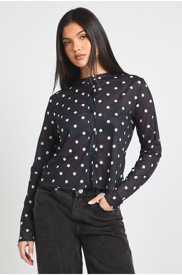Polka Dot Print Mesh Button Through Top - black_white