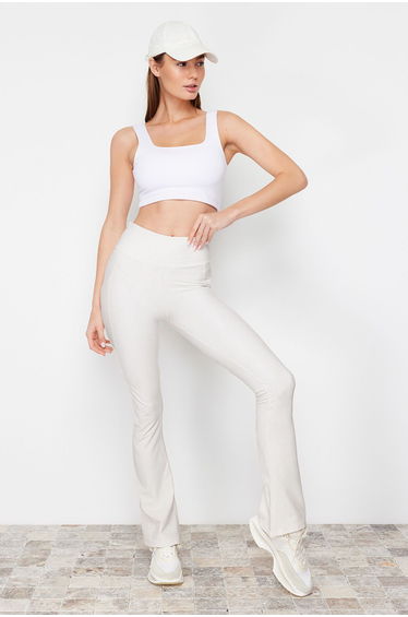 Ecru Reflector Print and Pocket Detail Flare Sports Leggings