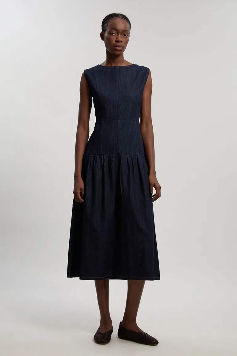 Petite Denim Dropped Waist Full Skirted Midi Dress