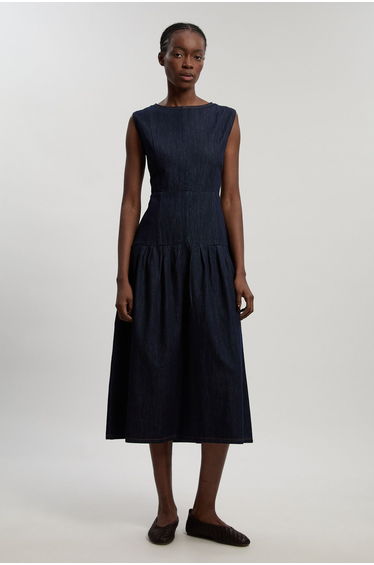 Petite Denim Dropped Waist Full Skirted Midi Dress