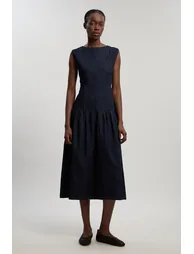 Petite Denim Dropped Waist Full Skirted Midi Dress