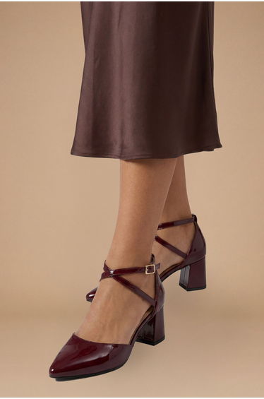 Good For The Sole: Wide Fit Millie Comfort Faux Patent Leather Cross Strap Medium Heel Court Shoes