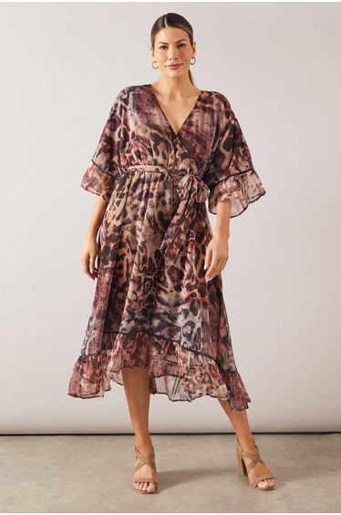 Leopard Drop Hem Frill Midi Dress