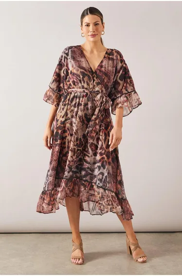 فستان ميدي بكشكش بطبعة ليوبارد