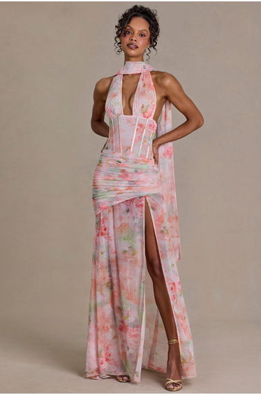 Premium Embellished Scarf-Detail Maxi Dress in Pink Floral Print