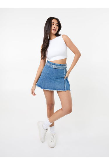 Belt Denim Pleated Mini Skirt