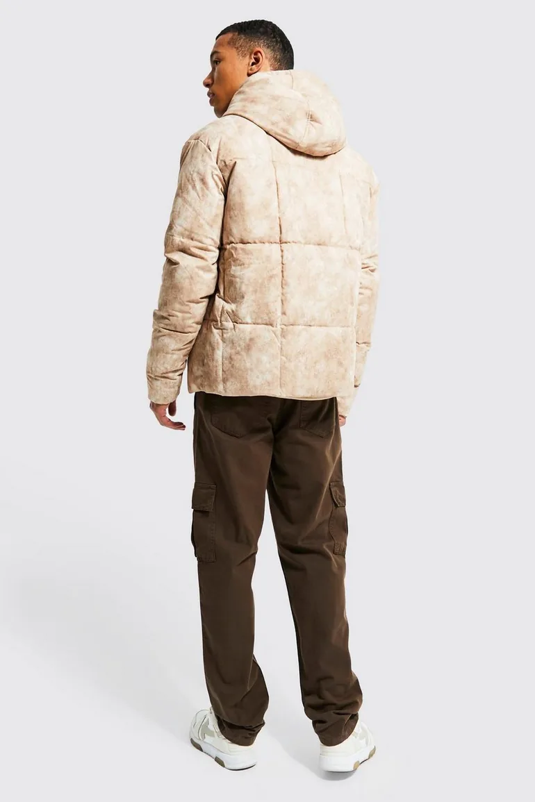 Tall Tie Dye Square Panel Hooded Puffer - stone - 1