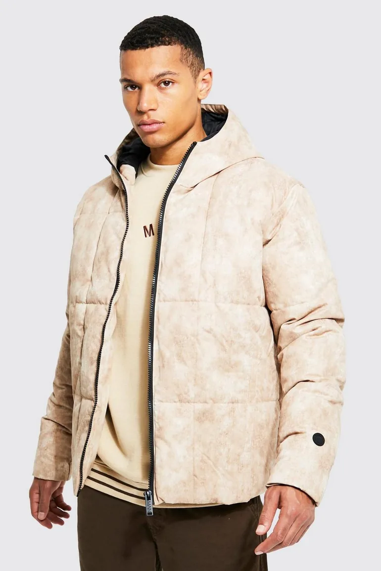 Tall Tie Dye Square Panel Hooded Puffer - stone