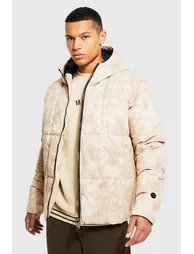 Tall Tie Dye Square Panel Hooded Puffer - stone