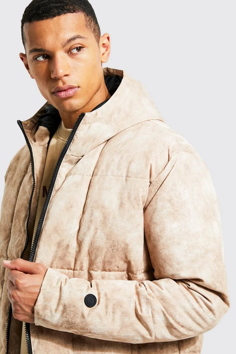 Tall Tie Dye Square Panel Hooded Puffer - stone - 2