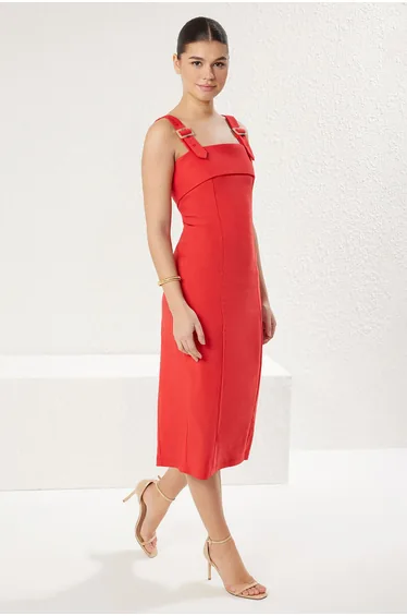 فستان ميدي بحمالة قابلة للتعديل - أحمر