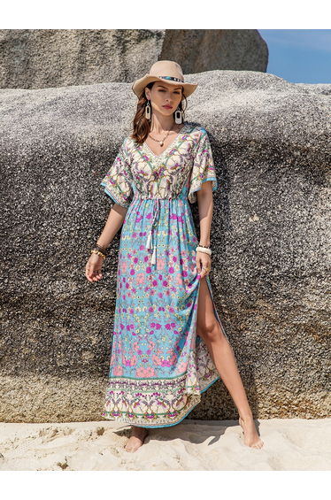 Floral Print V Neck Maxi Dress with Side Slit