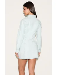 فستان قميص دينيم بأكمام طويلة لون أزرق - 2