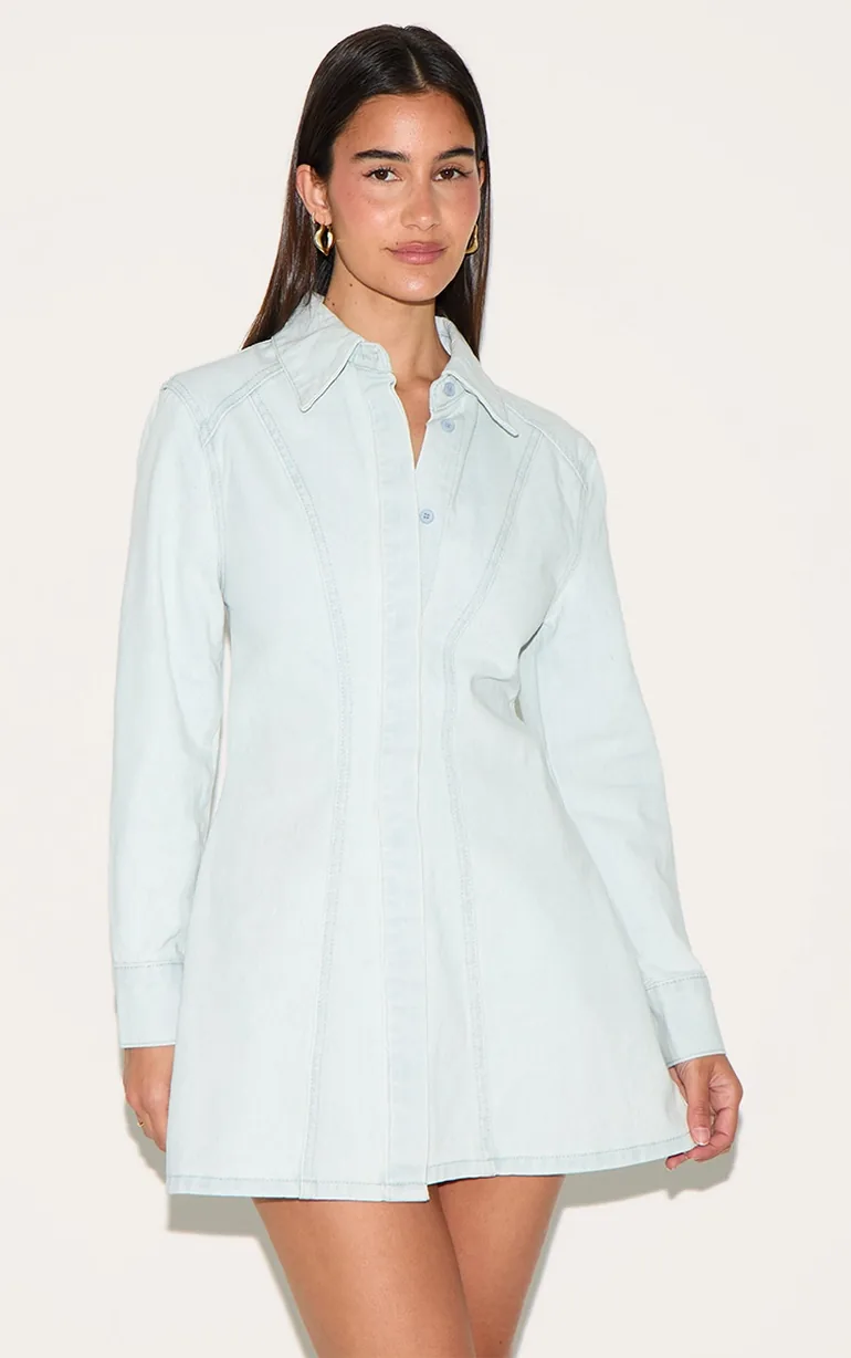 فستان قميص دينيم بأكمام طويلة لون أزرق - 1