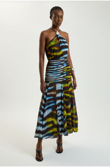 Viscose Georgette Drop Hem Animal Print Woven Halterneck Maxi Dress
