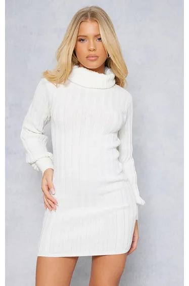 Cream Knitted Roll Neck Jumper Dress