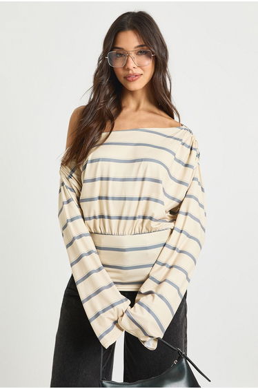 Stripe Cinched Waist Off The Shoulder Top - yellow