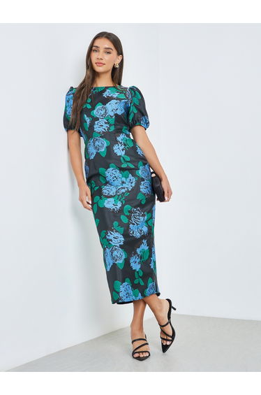 Green Jacquard Puff Sleeve Sheath Midi Dress