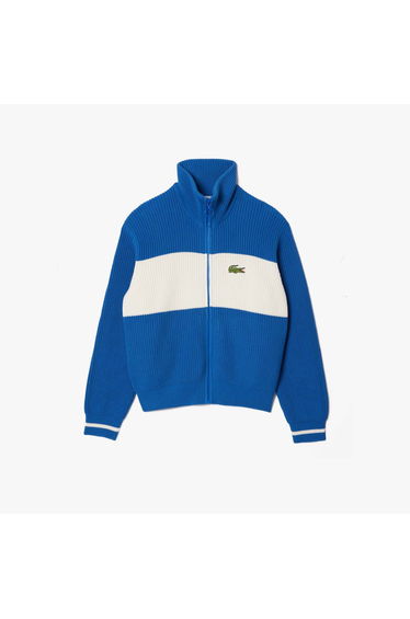 Women's Lacoste Zipped Cotton Colour Block Cardigan in Blue