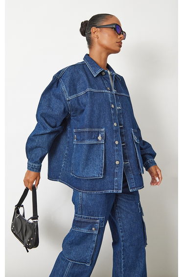Dark Blue Wash Oversized Button Up Pocket Detail Denim Shacket