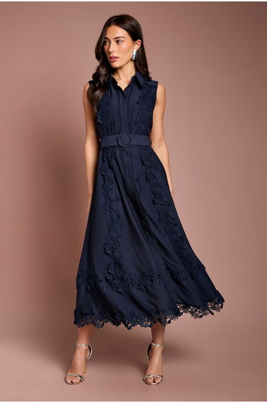 Lace Panelled Belted Sleeveless Shirt Dress