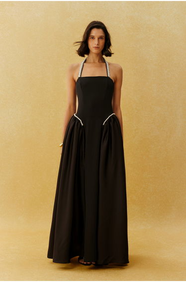 Final Look Black Pearl Embellished Halter Neck Maxi Dress