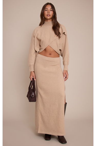 Camel Wrap Knit Maxi Skirt