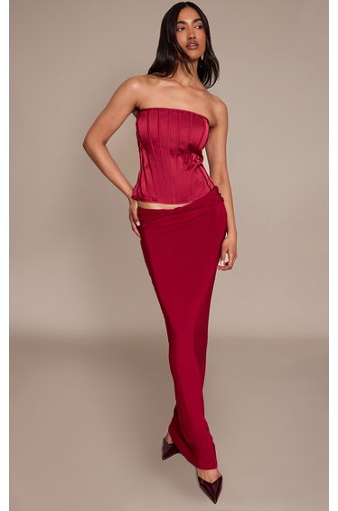 Wine Slinky Knot Fold Over Detail Maxi Skirt