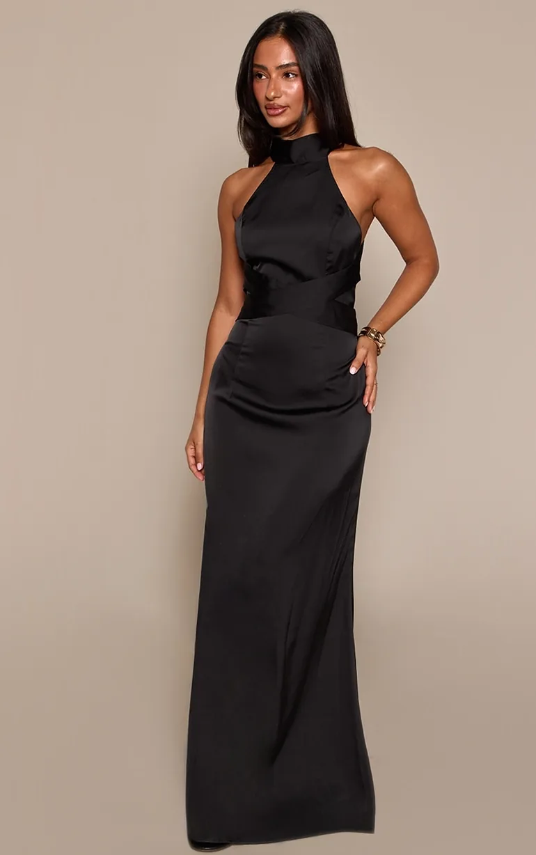 black satin drape back dress Undress Amila Satin Open Back Maxi Dress