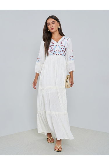 Off White Embroidered 3/4 Sleeves Maxi Dress