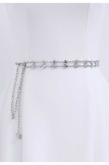 Double-Layered Rhinestone Chain Belt in Silver