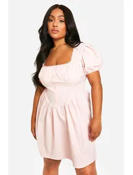 Plus Bengaline Puff Sleeve Milkmaid Skater Dress - baby pink