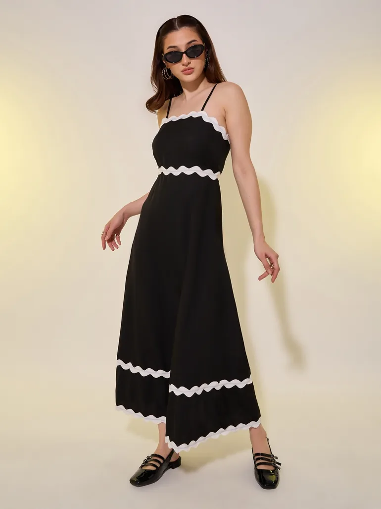 navy blue dress for baby girl Nilah Contrast Trim Sleeveless A-Line Midi Dress main image 1